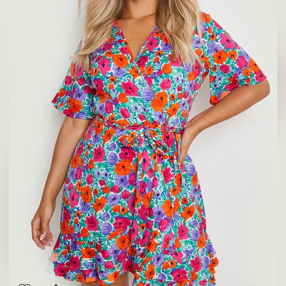 Plus Floral Print Wrap Ruffle Dress